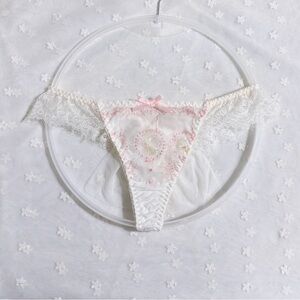 US-S  Japanese Cute Bunny Embroidered Lace Ruffle Pink Satin Bow Thong Panty